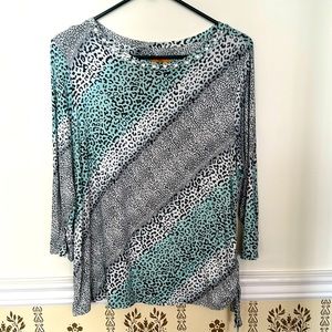Ruby Rd Leopard Print Top PL Rhinestone Embellished Neckline Ruched Side Stretch
